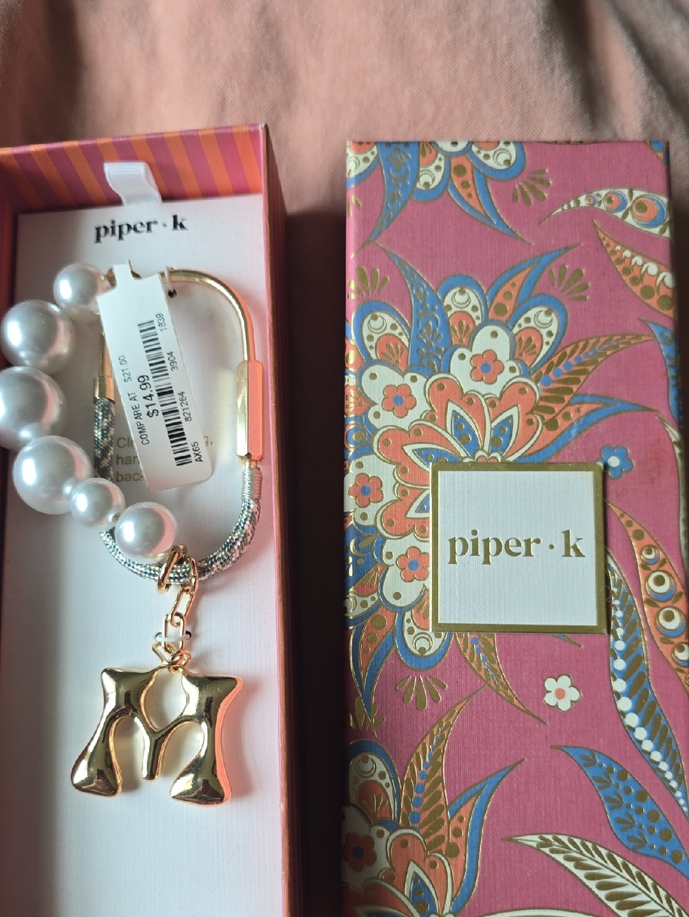 Piper Gold H Charm Key & Card Holder with White Pearls